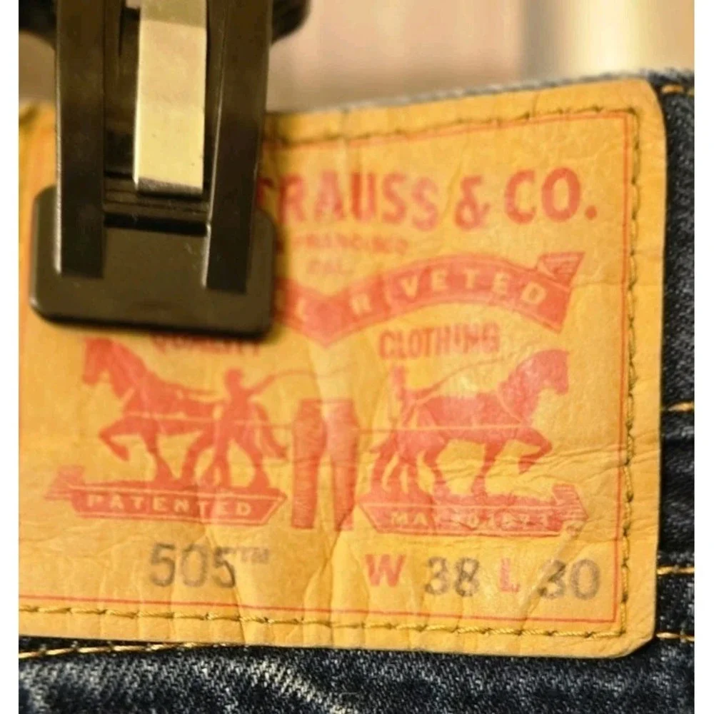 Levis 505 Mens Blue Jeans Dark Wash Denim Straight Pants 38x30 (Fits 36x28) Flaw